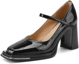 TinaCus Handmade Women's Patent Leather Mary Jane Shoes Square Toe High Block Heel