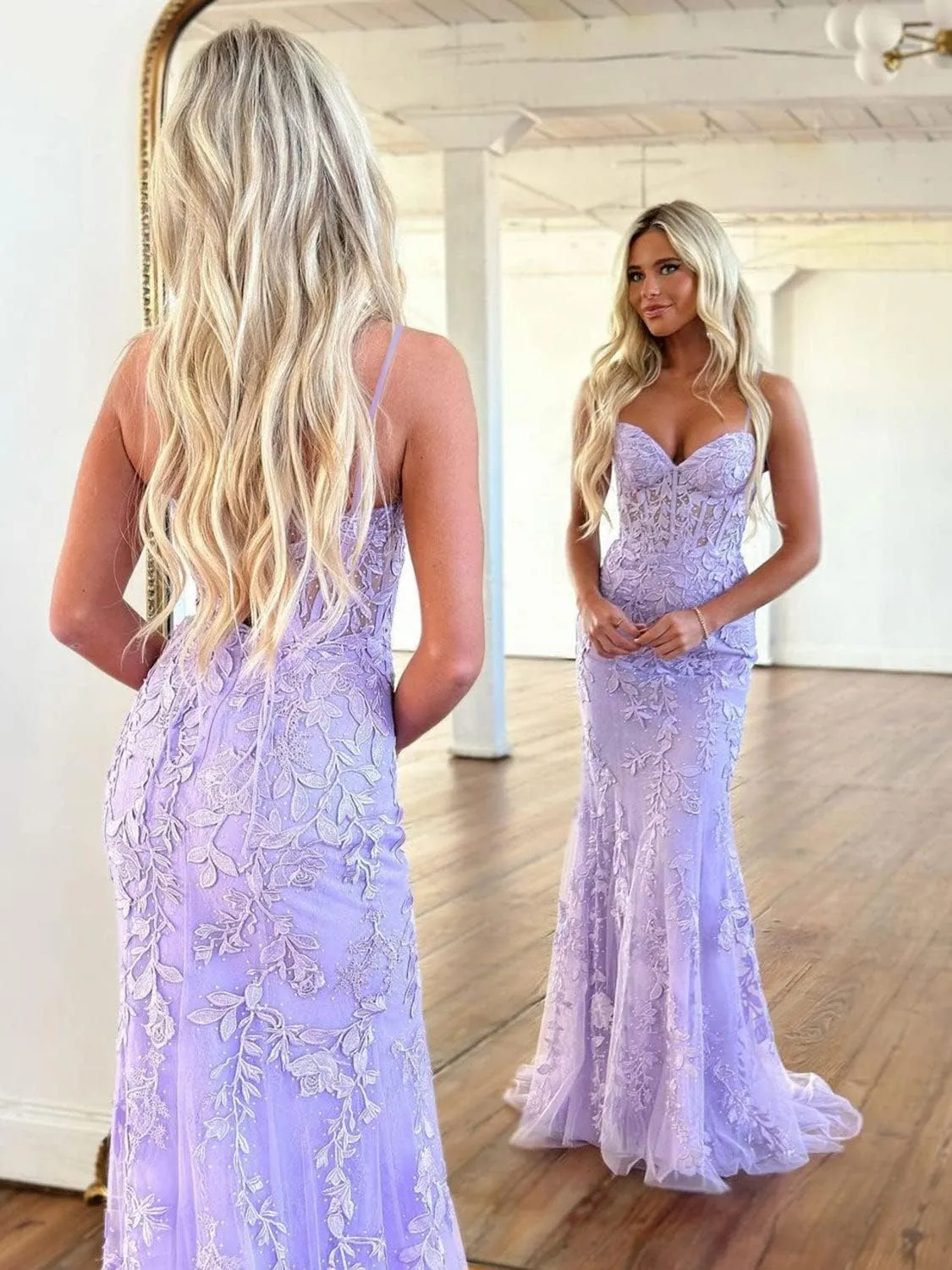 TIRAS Spaghetti Straps Lace Appliques Mermaid Prom Dresses for Women 2025 Tulle Long Ball Gown Evening Formal Dress CM177