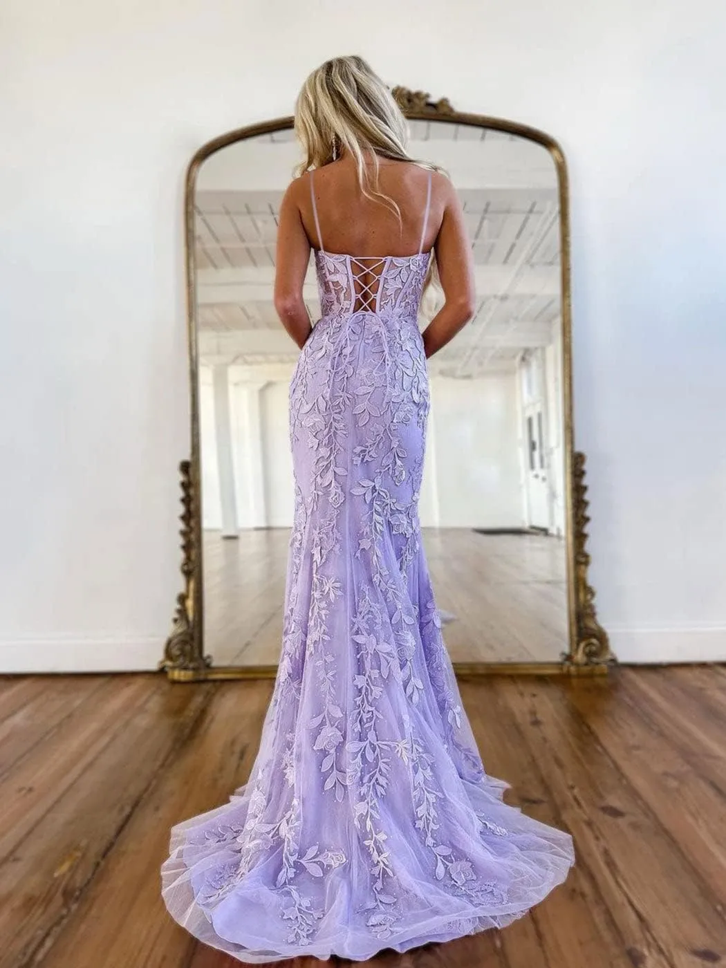 TIRAS Spaghetti Straps Lace Appliques Mermaid Prom Dresses for Women 2025 Tulle Long Ball Gown Evening Formal Dress CM177