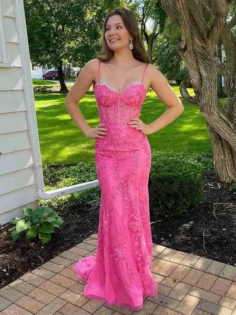 TIRAS Spaghetti Straps Lace Appliques Mermaid Prom Dresses for Women 2025 Tulle Long Ball Gown Evening Formal Dress CM177