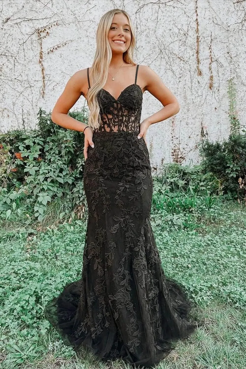 TIRAS Spaghetti Straps Lace Appliques Mermaid Prom Dresses for Women 2025 Tulle Long Ball Gown Evening Formal Dress CM177