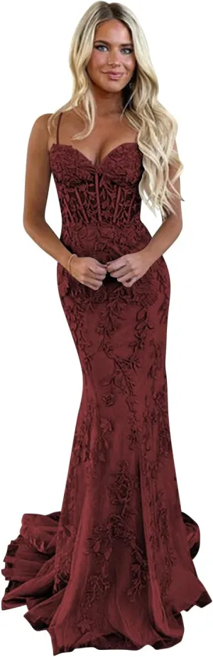 TIRAS Spaghetti Straps Lace Appliques Mermaid Prom Dresses for Women 2025 Tulle Long Ball Gown Evening Formal Dress CM177