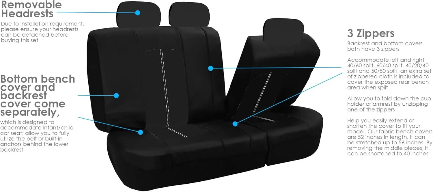 TLH Automotive Car Seat Covers PU Leather Rome Seat Covers Full Set Black Seat Covers Airbag Compatible Split Rear Car Seat Cover Universal Fit Interior Accessories for Cars, Auto, Trucks, SUV