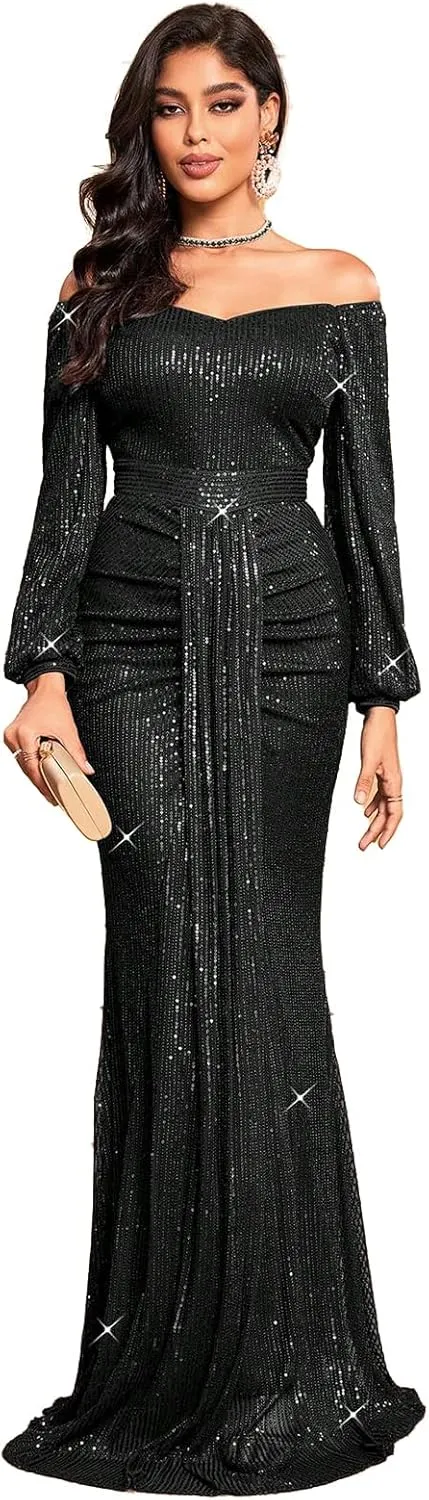 TOLEEN Women's Formal Sequin Bodycon Long Sleeve Prom Dresses Elegant Evening Party Maxi Dresses