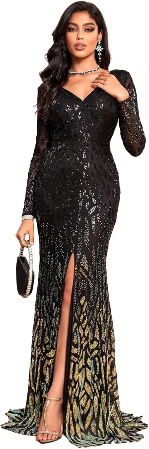 TOLEEN Women's Formal Sequin Bodycon Long Sleeve Prom Dresses Elegant Evening Party Maxi Dresses