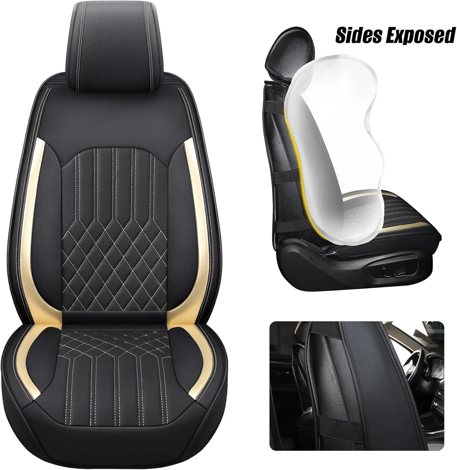 Tomatoman Faux Leather Car Seat Covers Compatible with Porsche Cayenne Waterproof Dustproof Universal Fit Airbag Compatible(Full Set/Black Gold)