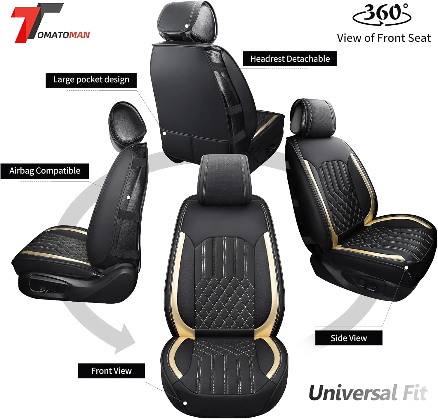 Tomatoman Faux Leather Car Seat Covers Compatible with Porsche Cayenne Waterproof Dustproof Universal Fit Airbag Compatible(Full Set/Black Gold)
