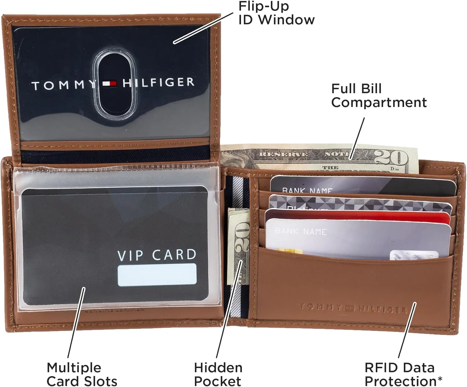 Tommy Hilfiger Men's Classic Logo Style Passcase Bifold Wallet with Multiple Card Slots and ID Window