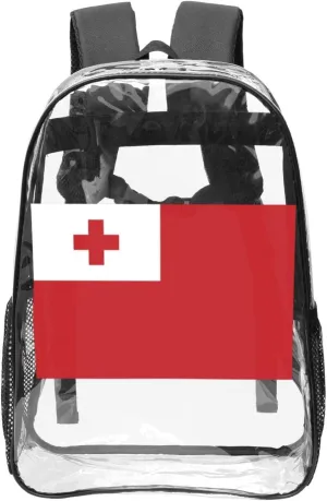 Tonga Flag Transparent Backpack-16-Inch Pvc Clear Backpack With Side Pockets,Black