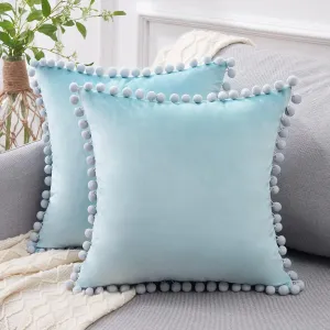 Top Finel 20x20 Decorative Pillow Covers Set of 2, Baby Blue Throw Pillow Cover with Pom Poms for Couch Bed Sofa, Square Pillows Soft Velvet Pillow Cases for Bedroom Livingroom Boho Home Decor