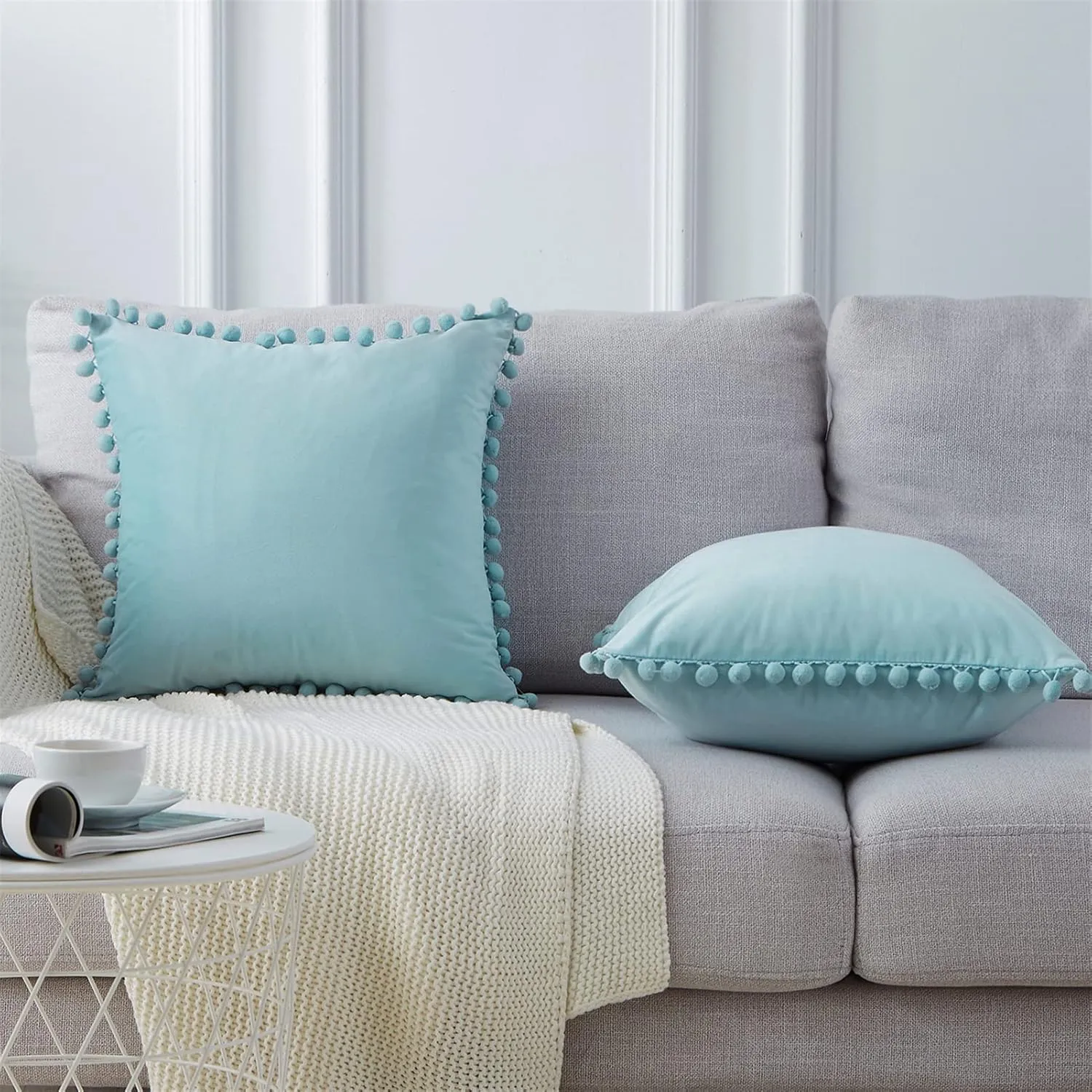 Top Finel 20x20 Decorative Pillow Covers Set of 2, Baby Blue Throw Pillow Cover with Pom Poms for Couch Bed Sofa, Square Pillows Soft Velvet Pillow Cases for Bedroom Livingroom Boho Home Decor