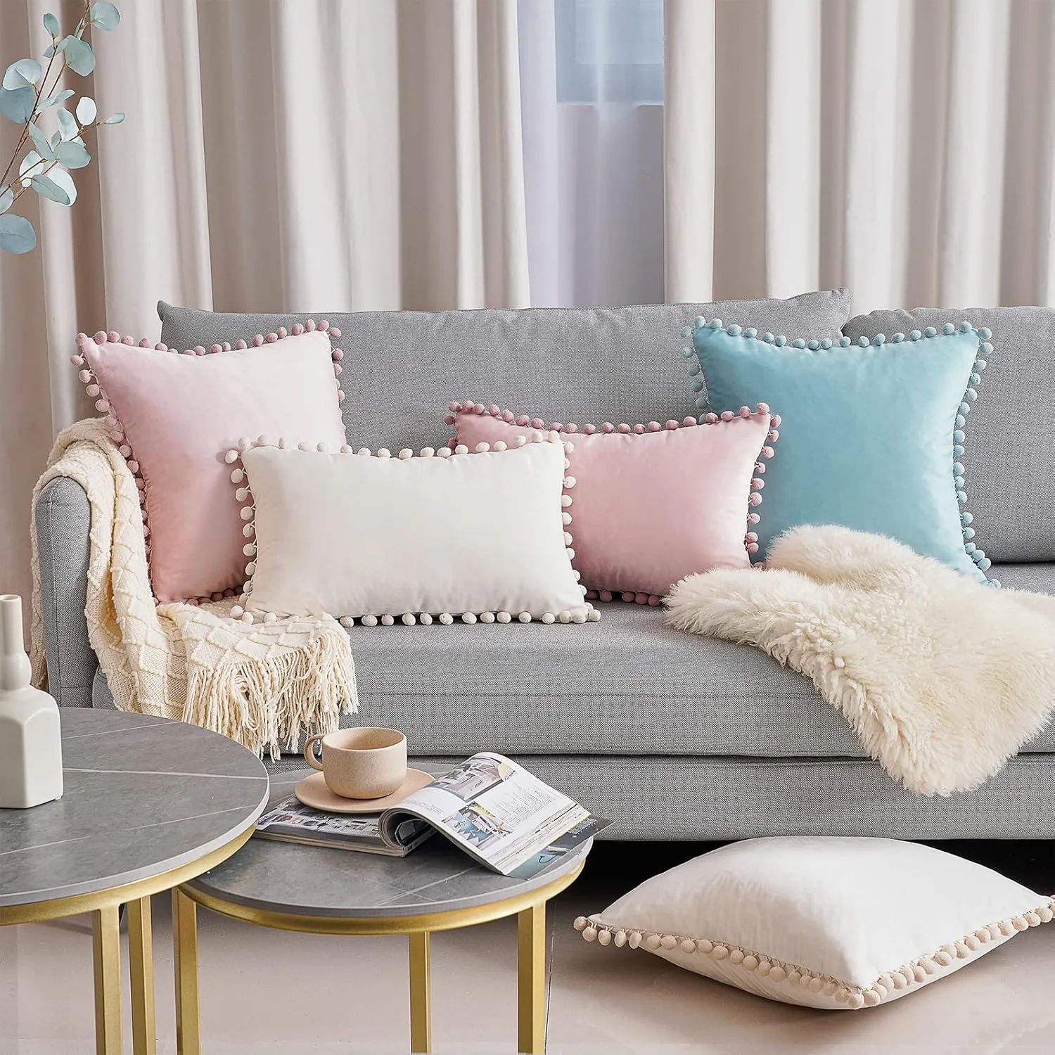 Top Finel 20x20 Decorative Pillow Covers Set of 2, Baby Blue Throw Pillow Cover with Pom Poms for Couch Bed Sofa, Square Pillows Soft Velvet Pillow Cases for Bedroom Livingroom Boho Home Decor