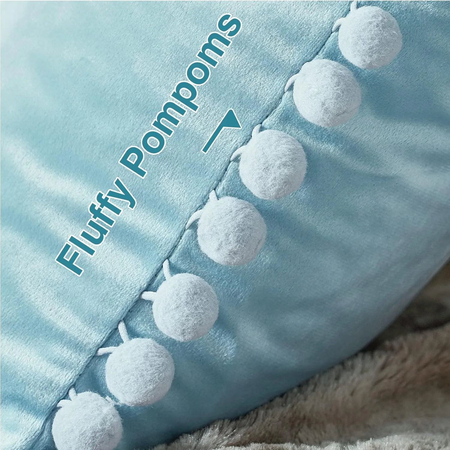Top Finel 20x20 Decorative Pillow Covers Set of 2, Baby Blue Throw Pillow Cover with Pom Poms for Couch Bed Sofa, Square Pillows Soft Velvet Pillow Cases for Bedroom Livingroom Boho Home Decor