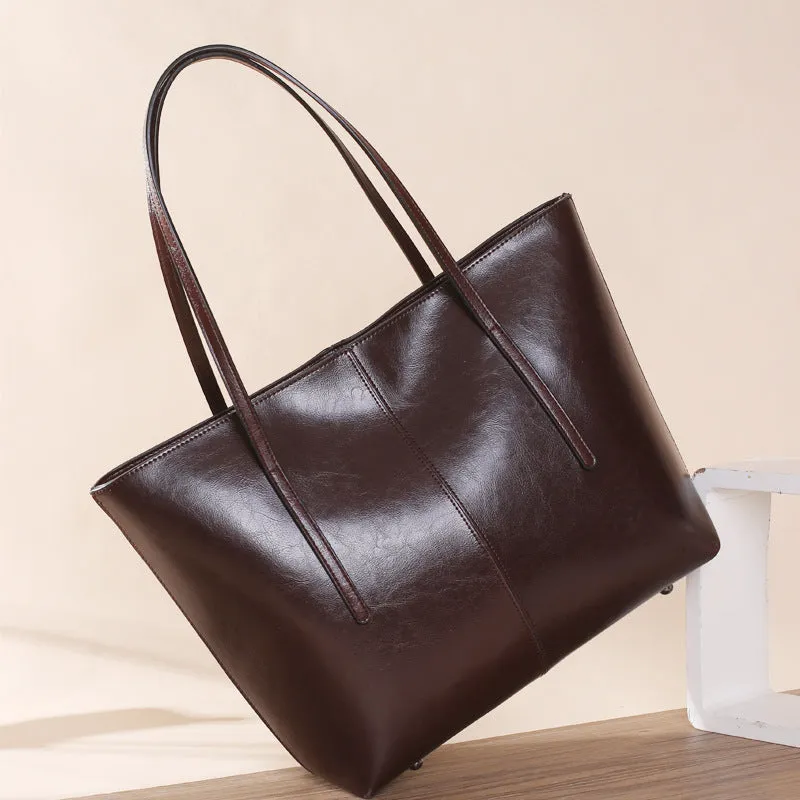 Top Grain Leather Tote Bag For Women Casual Large Shoulder Bag Simple Style Handbags