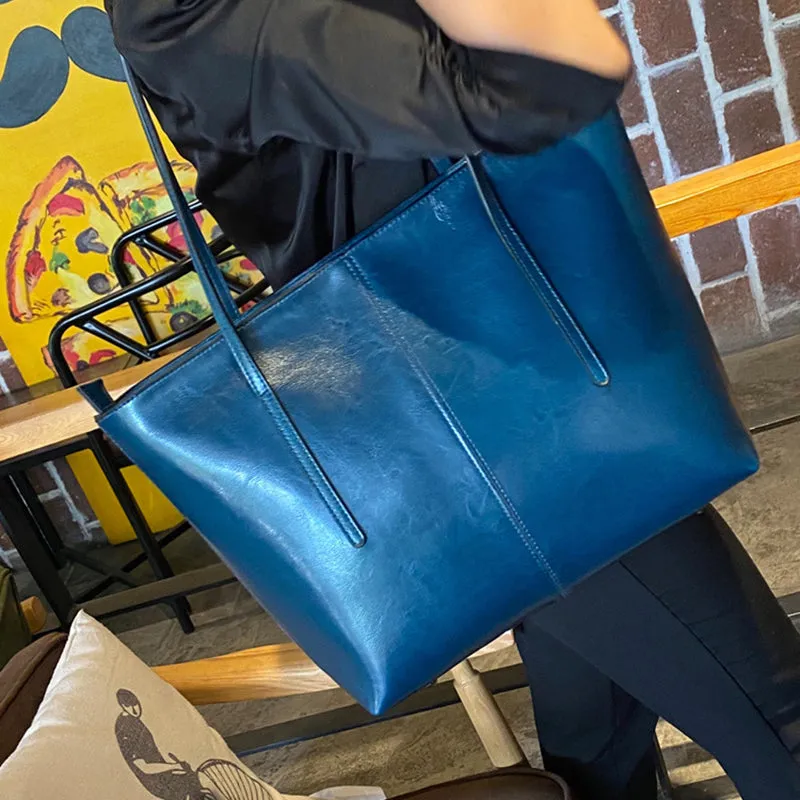 Top Grain Leather Tote Bag For Women Casual Large Shoulder Bag Simple Style Handbags