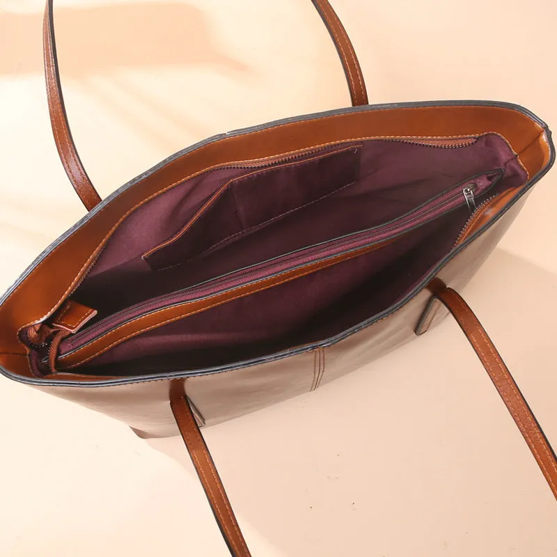 Top Grain Leather Tote Bag For Women Casual Large Shoulder Bag Simple Style Handbags