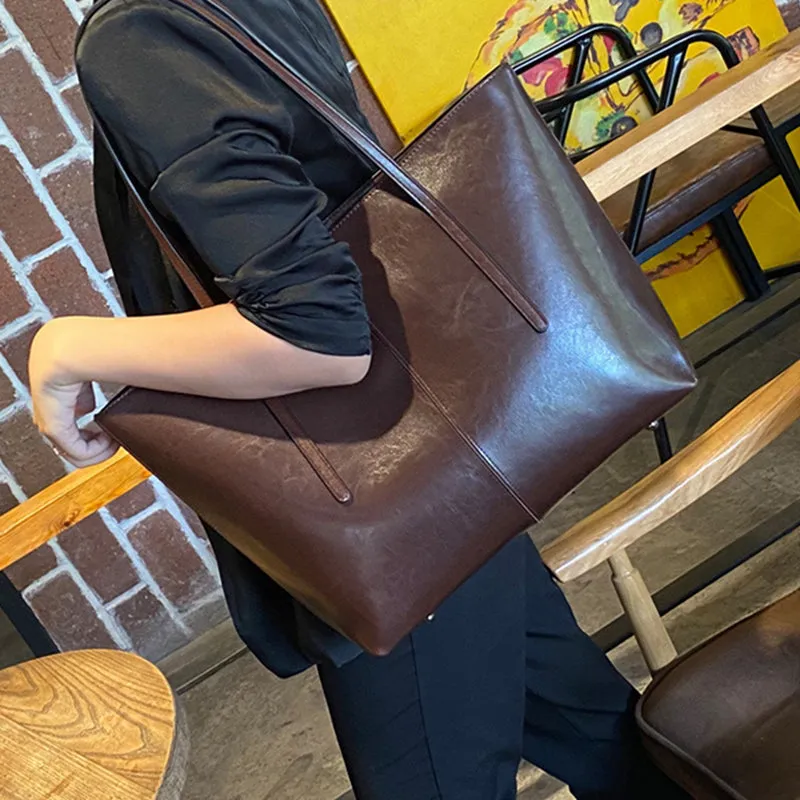 Top Grain Leather Tote Bag For Women Casual Large Shoulder Bag Simple Style Handbags