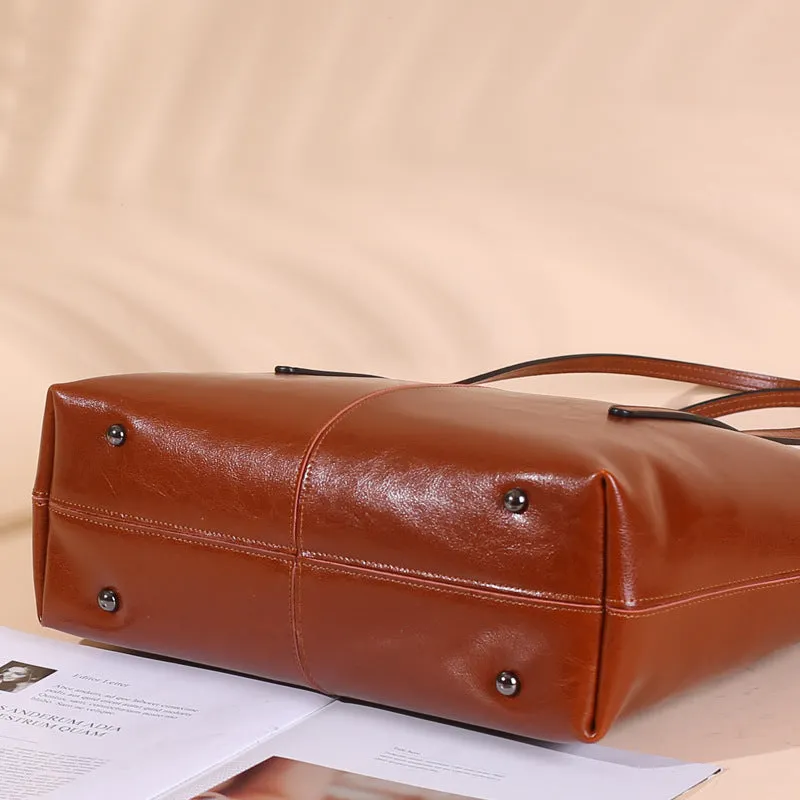 Top Grain Leather Tote Bag For Women Casual Large Shoulder Bag Simple Style Handbags