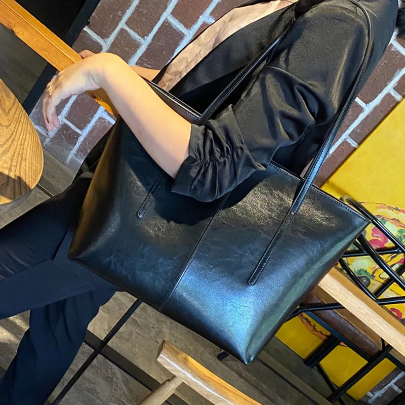 Top Grain Leather Tote Bag For Women Casual Large Shoulder Bag Simple Style Handbags