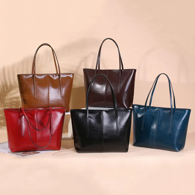 Top Grain Leather Tote Bag For Women Casual Large Shoulder Bag Simple Style Handbags