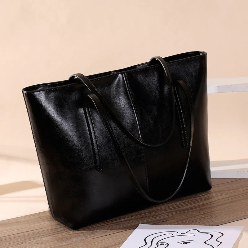 Top Grain Leather Tote Bag For Women Casual Large Shoulder Bag Simple Style Handbags