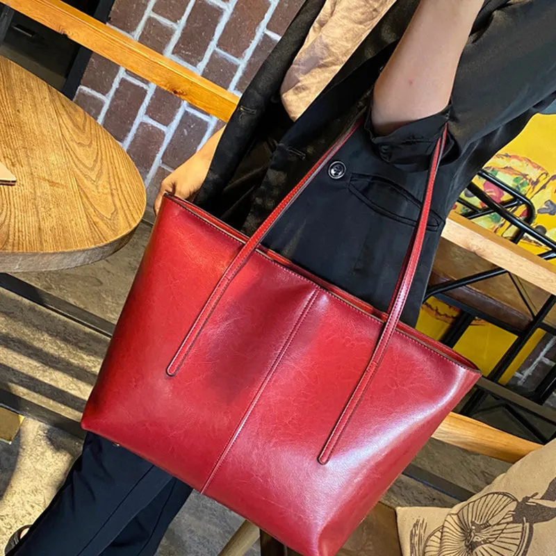 Top Grain Leather Tote Bag For Women Casual Large Shoulder Bag Simple Style Handbags
