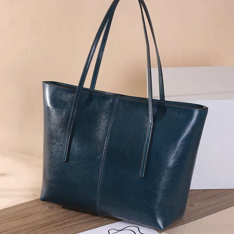 Top Grain Leather Tote Bag For Women Casual Large Shoulder Bag Simple Style Handbags