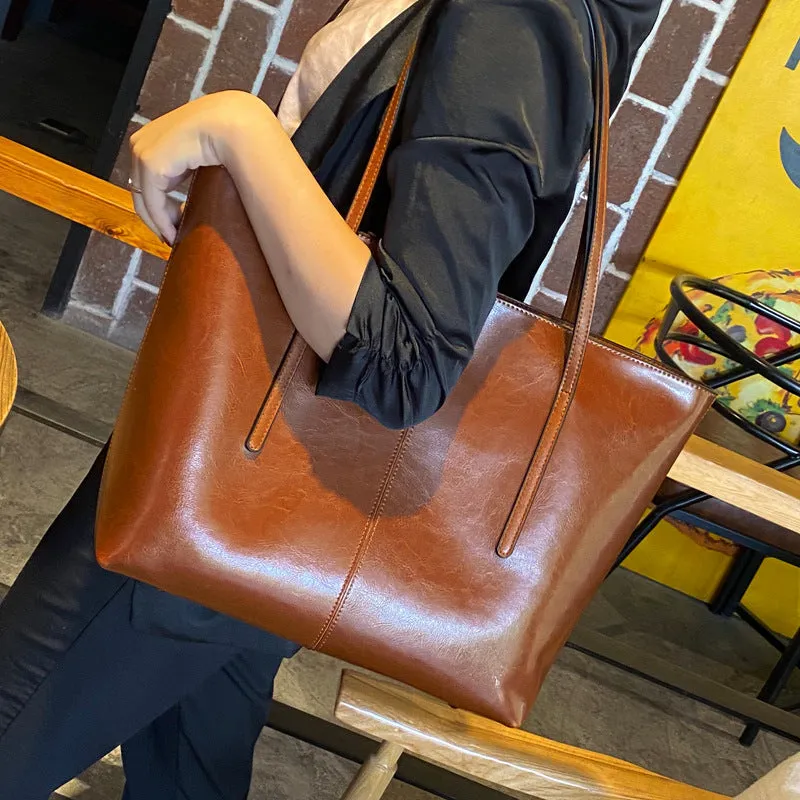 Top Grain Leather Tote Bag For Women Casual Large Shoulder Bag Simple Style Handbags