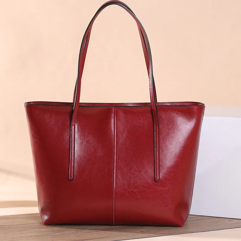 Top Grain Leather Tote Bag For Women Casual Large Shoulder Bag Simple Style Handbags