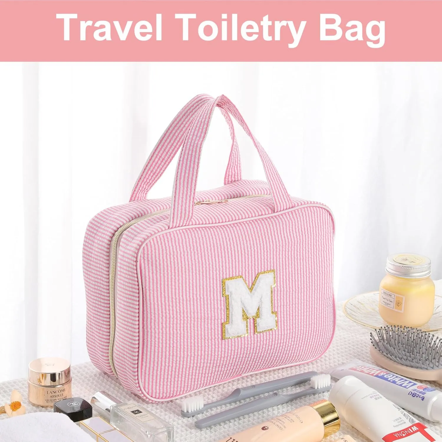 TOPEAST Initial Toiletry Bag Travel Makeup Bag for Women - Hanging Toiletry Bag, Personalized Birthday Gifts for Women, Vacation Airplane Essentials - Letter K, Pink