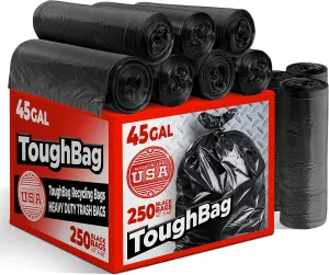 ToughBag 40-45 Gallon Trash Bags Heavy Duty (250 Count) | Black Garbage Bags | 39, 40, 42, 45 Gallon | Made In USA