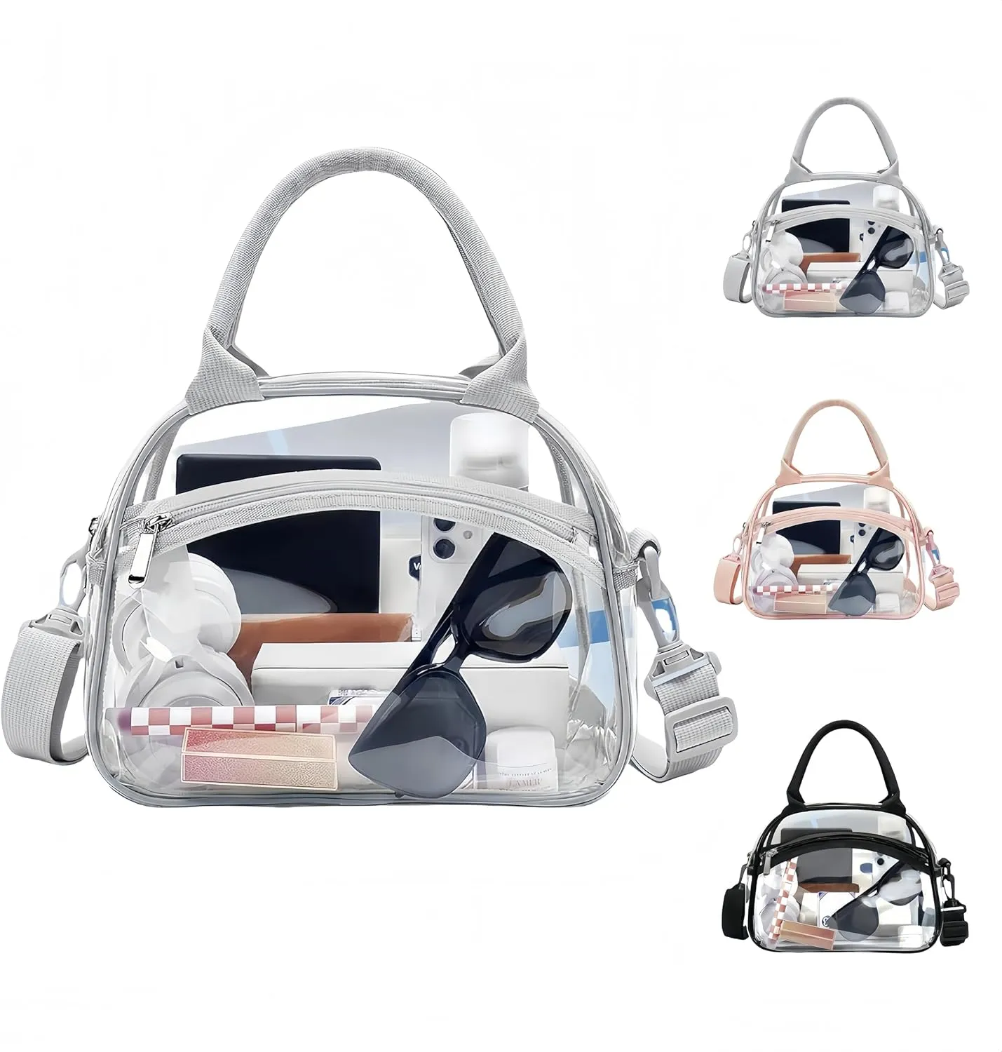 Transparent Travel Sports Toiletry Bag - Stadium Approved, Waterproof, with Adjustable Strap & Metal Zippers (Grey)