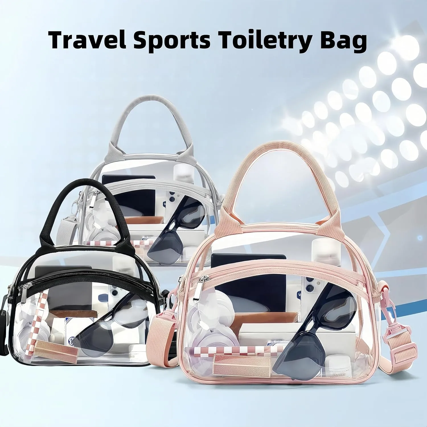 Transparent Travel Sports Toiletry Bag - Stadium Approved, Waterproof, with Adjustable Strap & Metal Zippers (Grey)