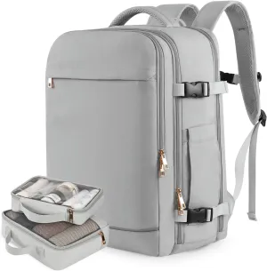 Travel Backpack， Carry on Backpack Airline Approved， 40L Overnight Travel Bag with 2 Packing Cubes for Weekend College Business Hiking (Grey)