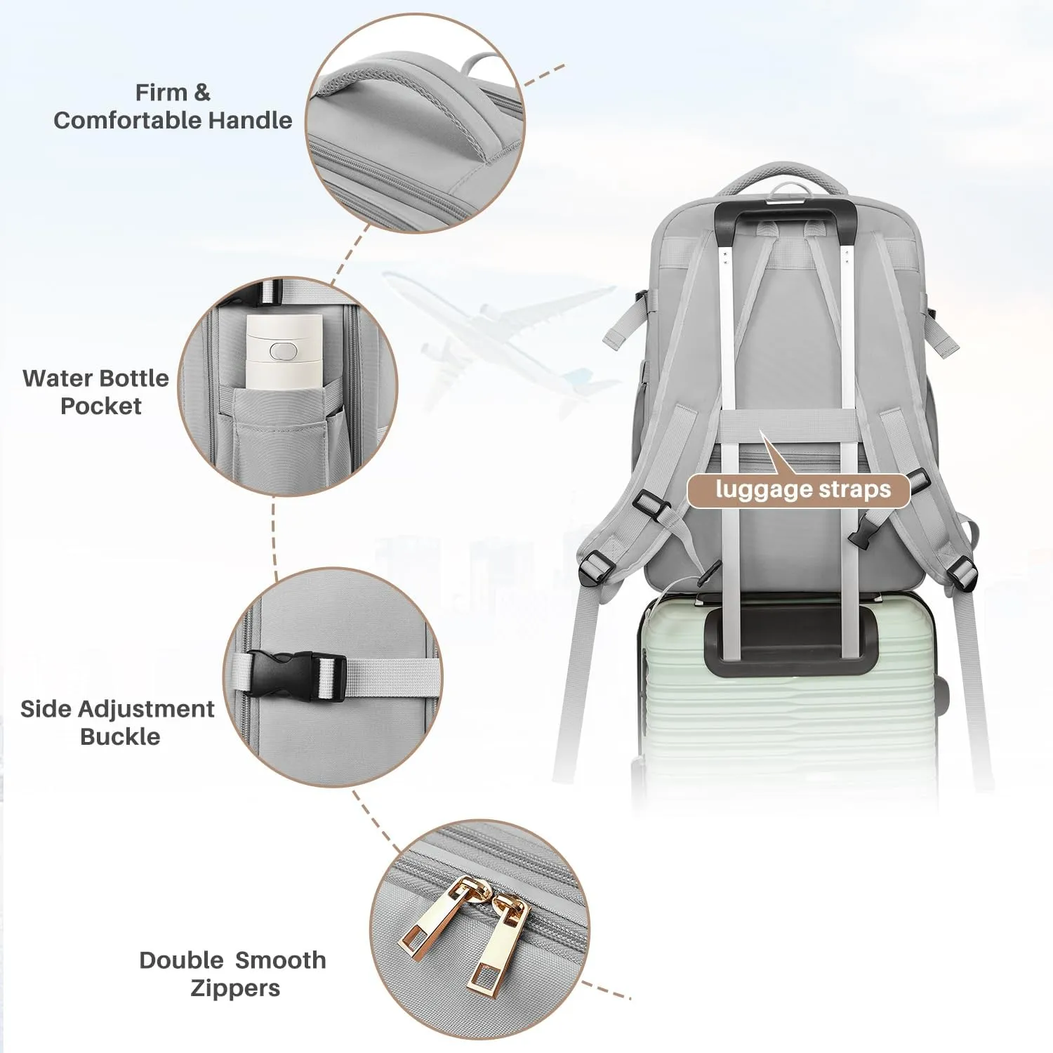 Travel Backpack， Carry on Backpack Airline Approved， 40L Overnight Travel Bag with 2 Packing Cubes for Weekend College Business Hiking (Grey)