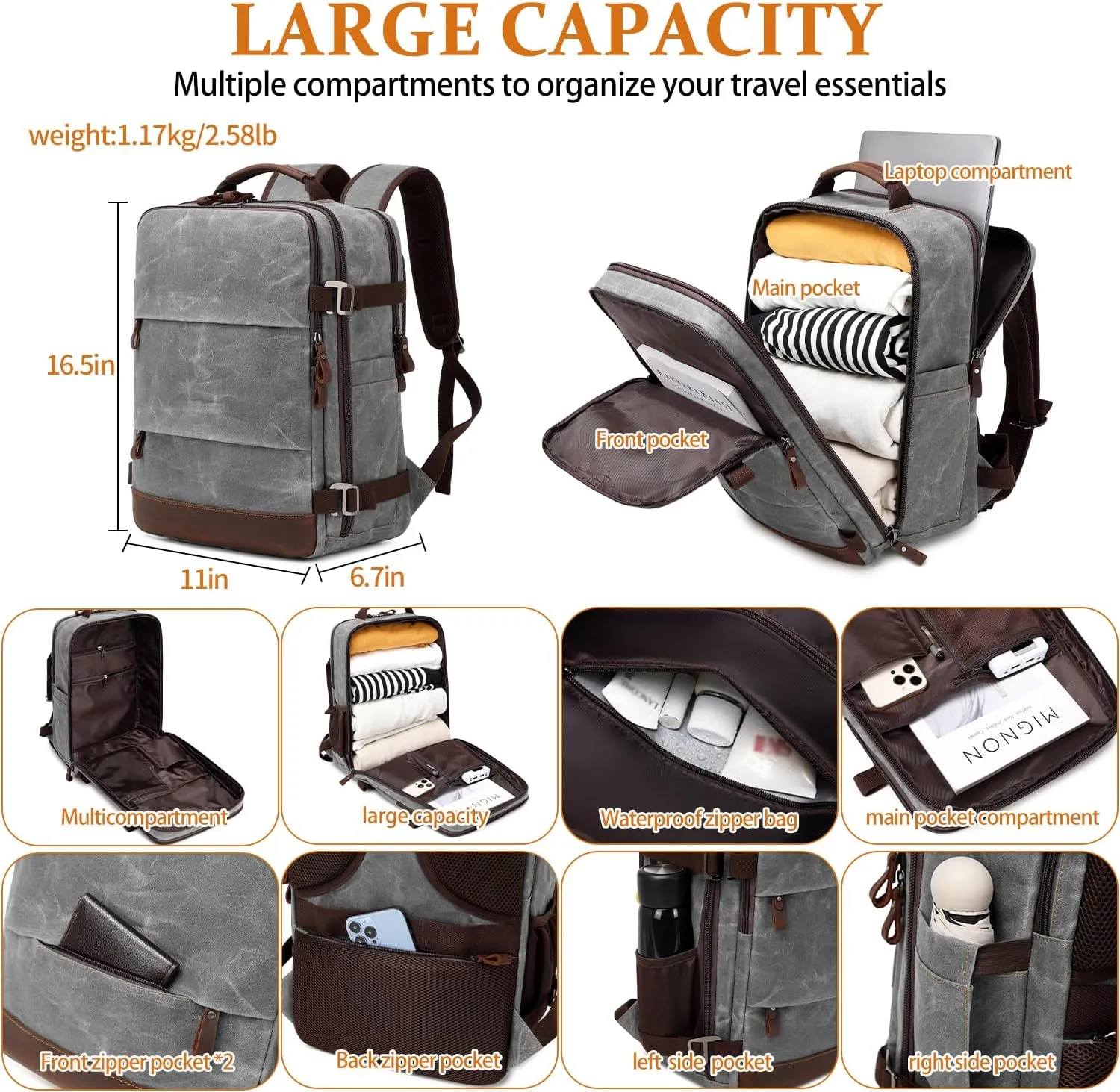 Travel Backpack for Men Carry On Backpack Flight Approved Personal Item Backpack, 17 inch Laptop Backpack Casual Daypack Weekender Business Hiking Backpack, Gray