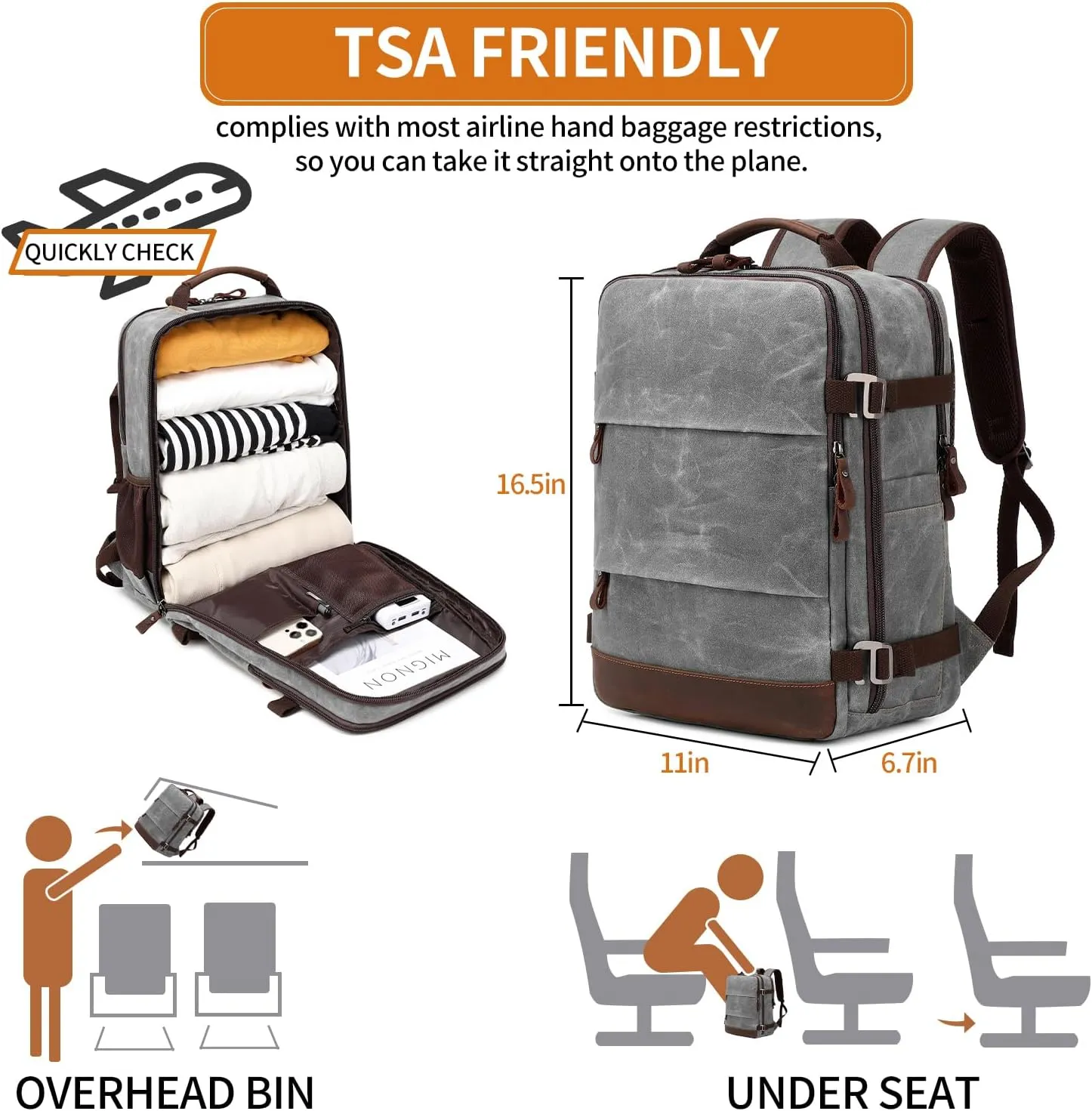 Travel Backpack for Men Carry On Backpack Flight Approved Personal Item Backpack, 17 inch Laptop Backpack Casual Daypack Weekender Business Hiking Backpack, Gray
