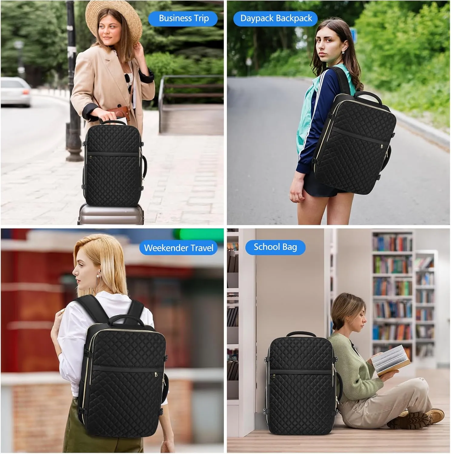 Travel Backpack for Women, Flight Approved Carry On Backpack, Large 40L Suitcase Backpacks with 3 Packing Cubes, Waterproof Luggage Bag Weekender Daypack Fit 17 Inch Laptop, Black