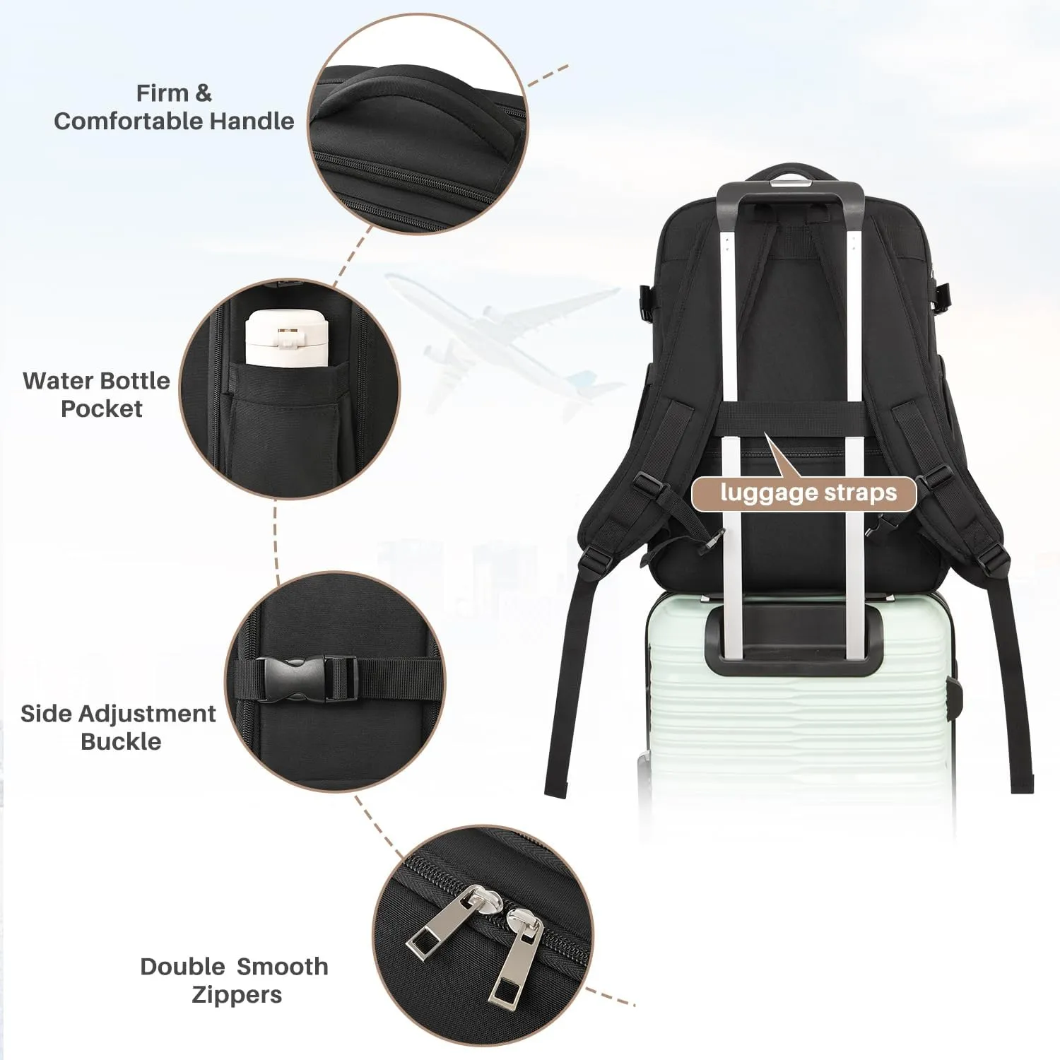 Travel Backpack For Women Men, 40L Waterproof Backpack Airline Approved, Personal Item Travel Bag with 2 Packing Cubes for Weekend College Business Hiking (Black)