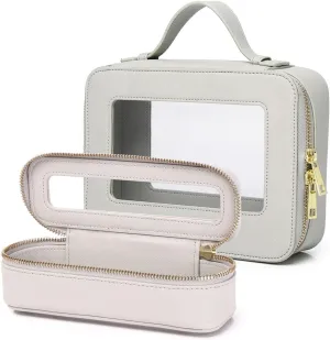 Travel Clear Makeup Bag with Brush Bag Portable Cosmetic Bag Case Transparent Toiletry Bag Cosmetic Organizer Storage Bag for Women (X/Gray, L SLIM)