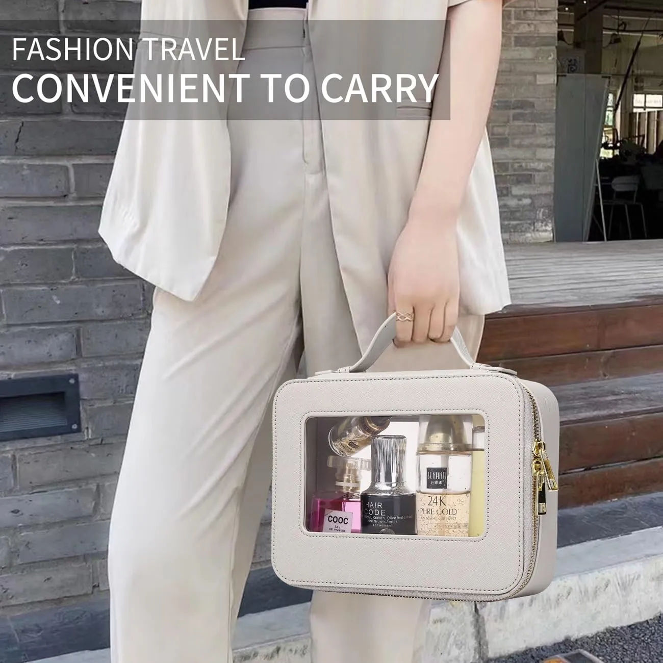 Travel Clear Makeup Bag with Brush Bag Portable Cosmetic Bag Case Transparent Toiletry Bag Cosmetic Organizer Storage Bag for Women (X/Gray, L SLIM)