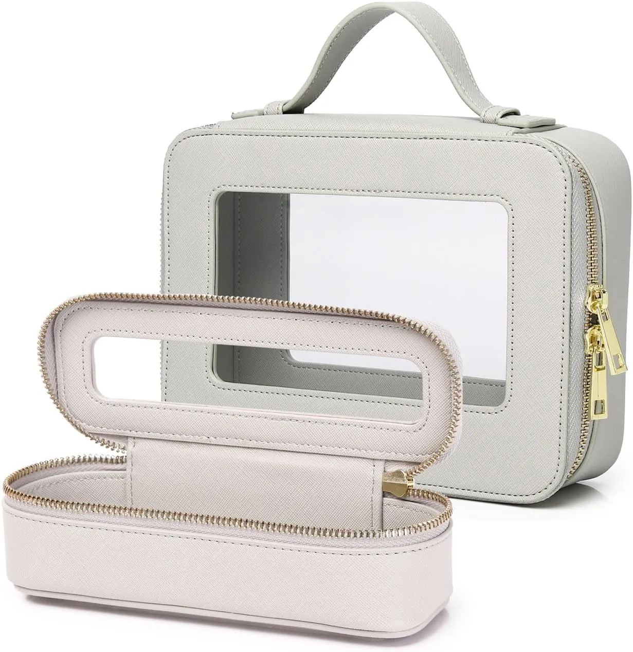 Travel Clear Makeup Bag with Brush Bag Portable Cosmetic Bag Case Transparent Toiletry Bag Cosmetic Organizer Storage Bag for Women (X/Gray, L SLIM)