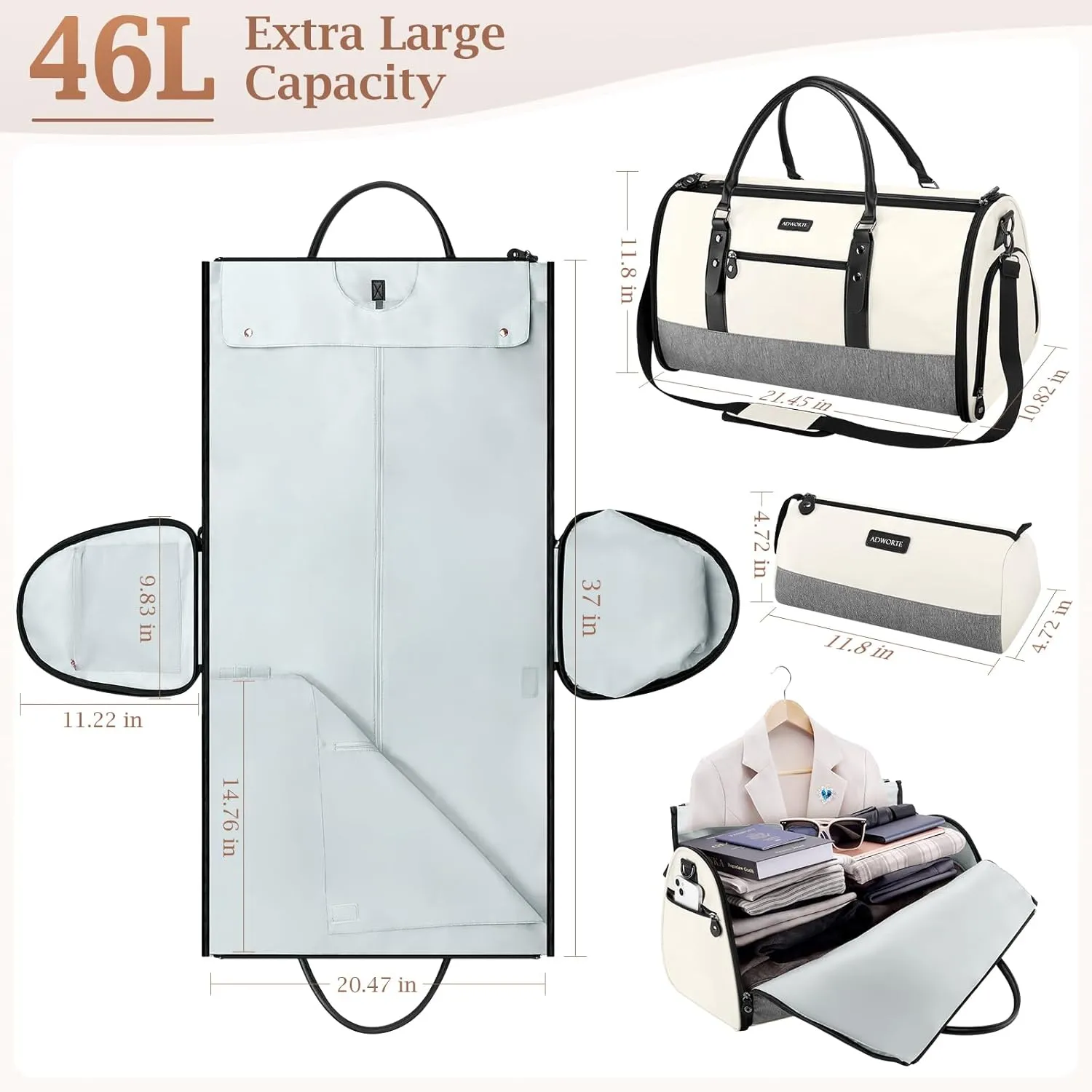 Travel Garment Bag, Convertible Garment Duffel Bags Combo with Shoe Compartment Toiletry Bag, Carry-On Weekend Overnight Bag for Women Man, 2 in 1 Hanging Dress Luggage