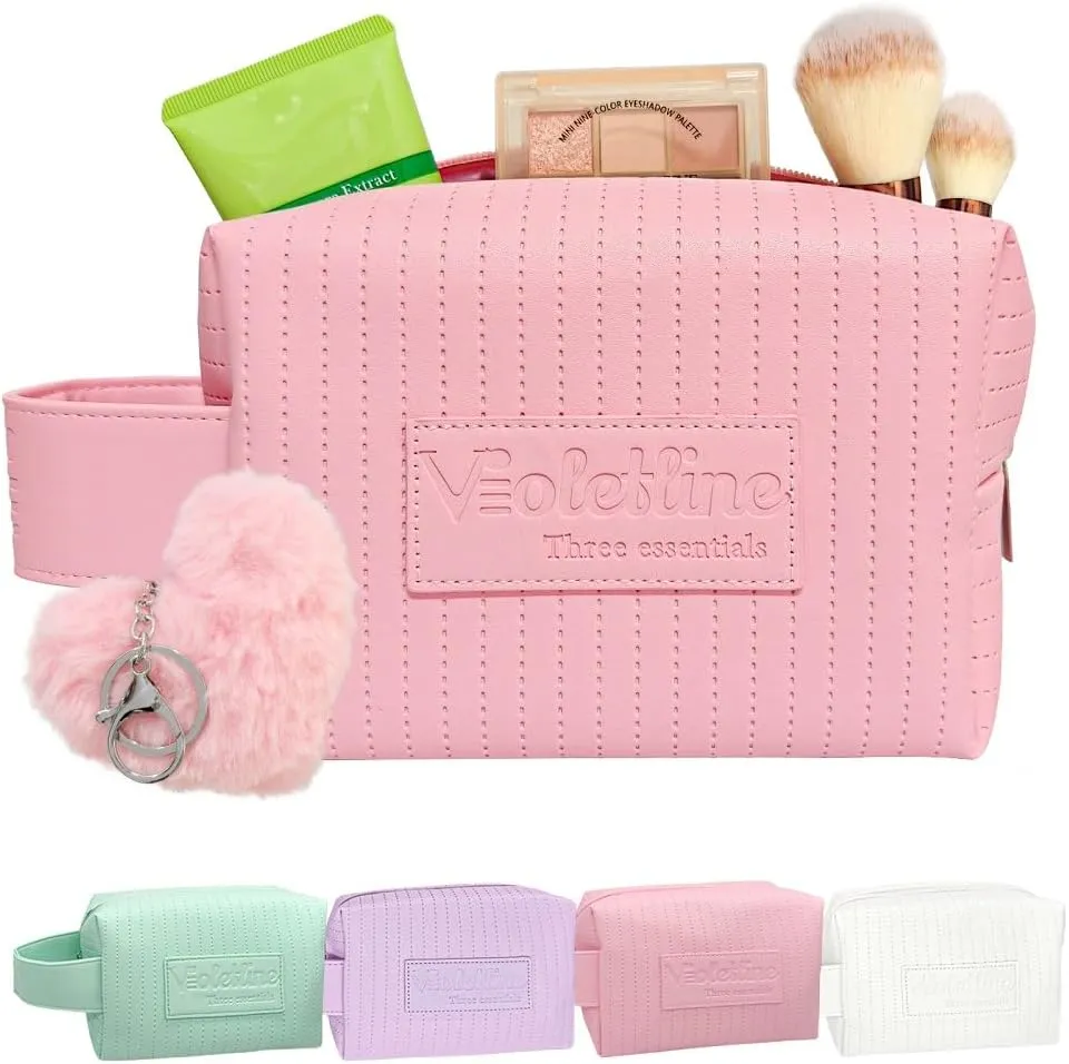 Travel Makeup Bag, Large Capacity Cosmetic Bag for Women, Water resistant Portable Pouch Open Flat Toiletry Bag Makeup Organizer with Handle (Pink)