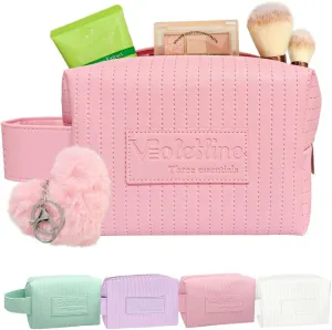 Travel Makeup Bag, Large Capacity Cosmetic Bag for Women, Water resistant Portable Pouch Open Flat Toiletry Bag Makeup Organizer with Handle (Pink)