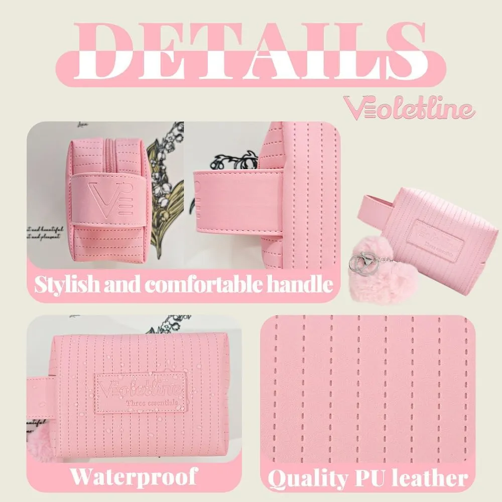Travel Makeup Bag, Large Capacity Cosmetic Bag for Women, Water resistant Portable Pouch Open Flat Toiletry Bag Makeup Organizer with Handle (Pink)
