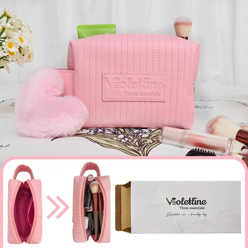 Travel Makeup Bag, Large Capacity Cosmetic Bag for Women, Water resistant Portable Pouch Open Flat Toiletry Bag Makeup Organizer with Handle (Pink)