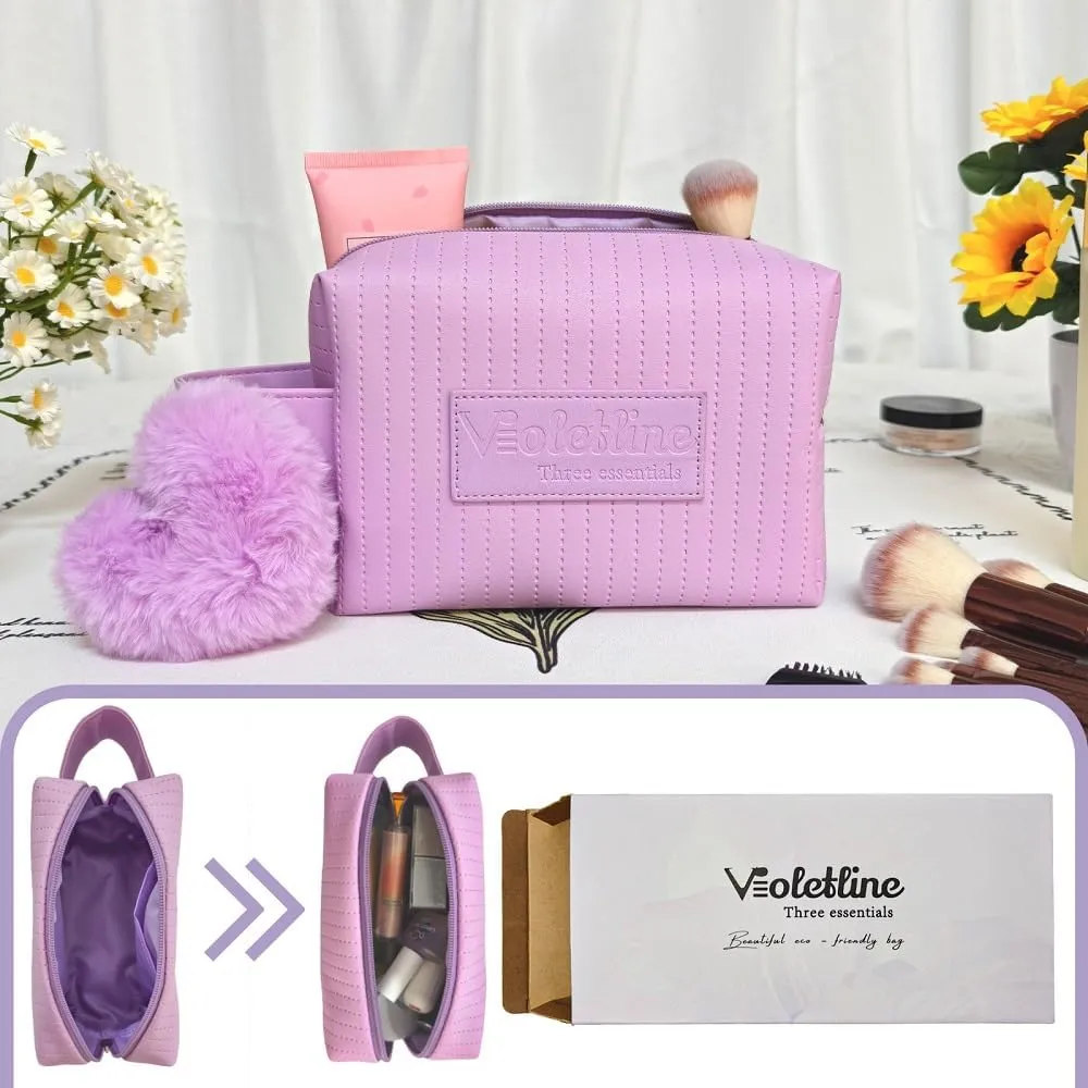 Travel Makeup Bag, Large Capacity Cosmetic Bag for Women, Water resistant Portable Pouch Open Flat Toiletry Bag Makeup Organizer with Handle (Purple)
