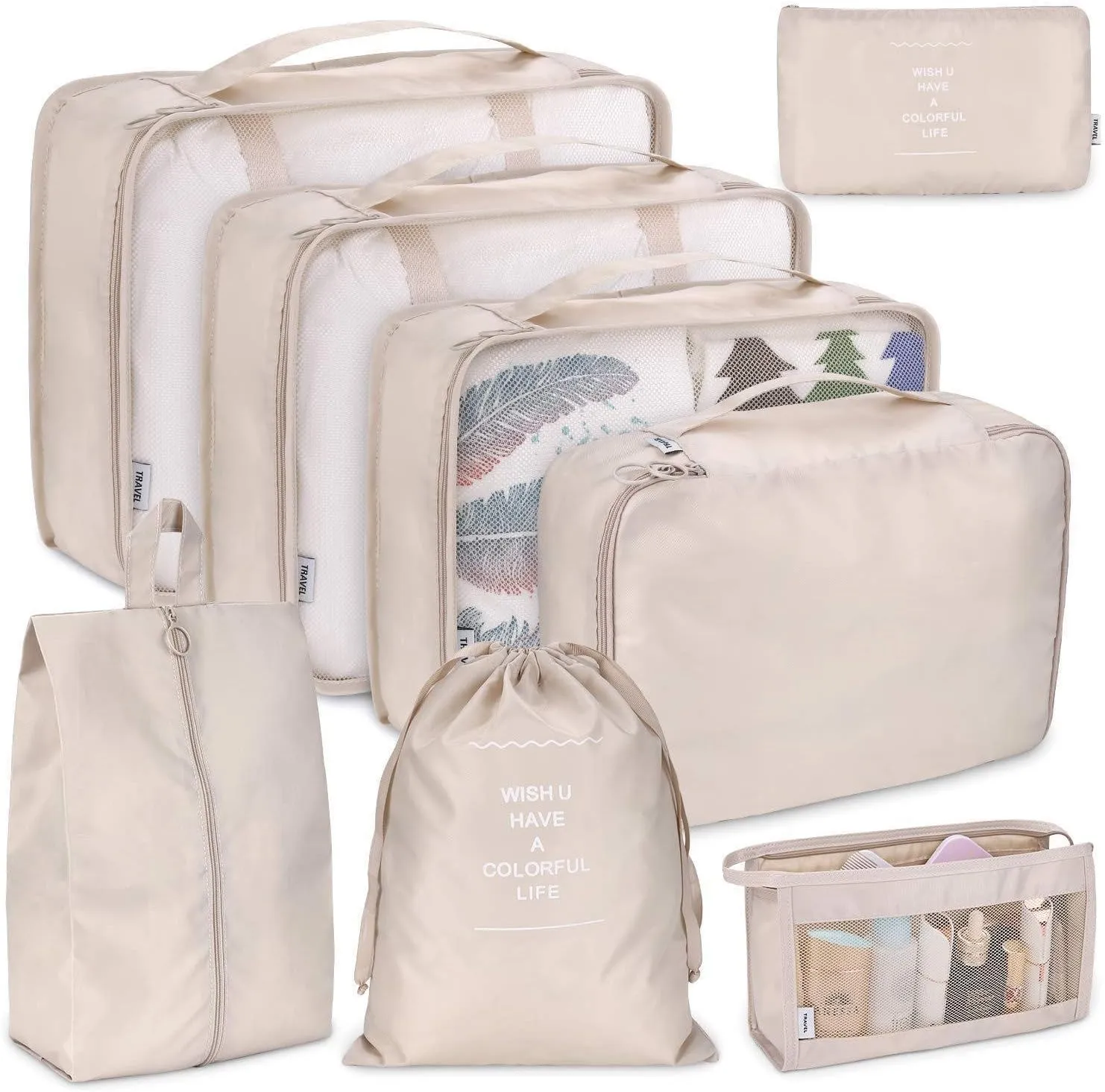 Travel Packaging Cube,8-piece set of travel cube, Foldable luggage Storage Bag, lightweight luggage Storage Bag (Beige)
