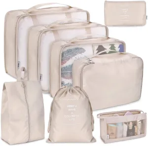 Travel Packaging Cube,8-piece set of travel cube, Foldable luggage Storage Bag, lightweight luggage Storage Bag (Beige)
